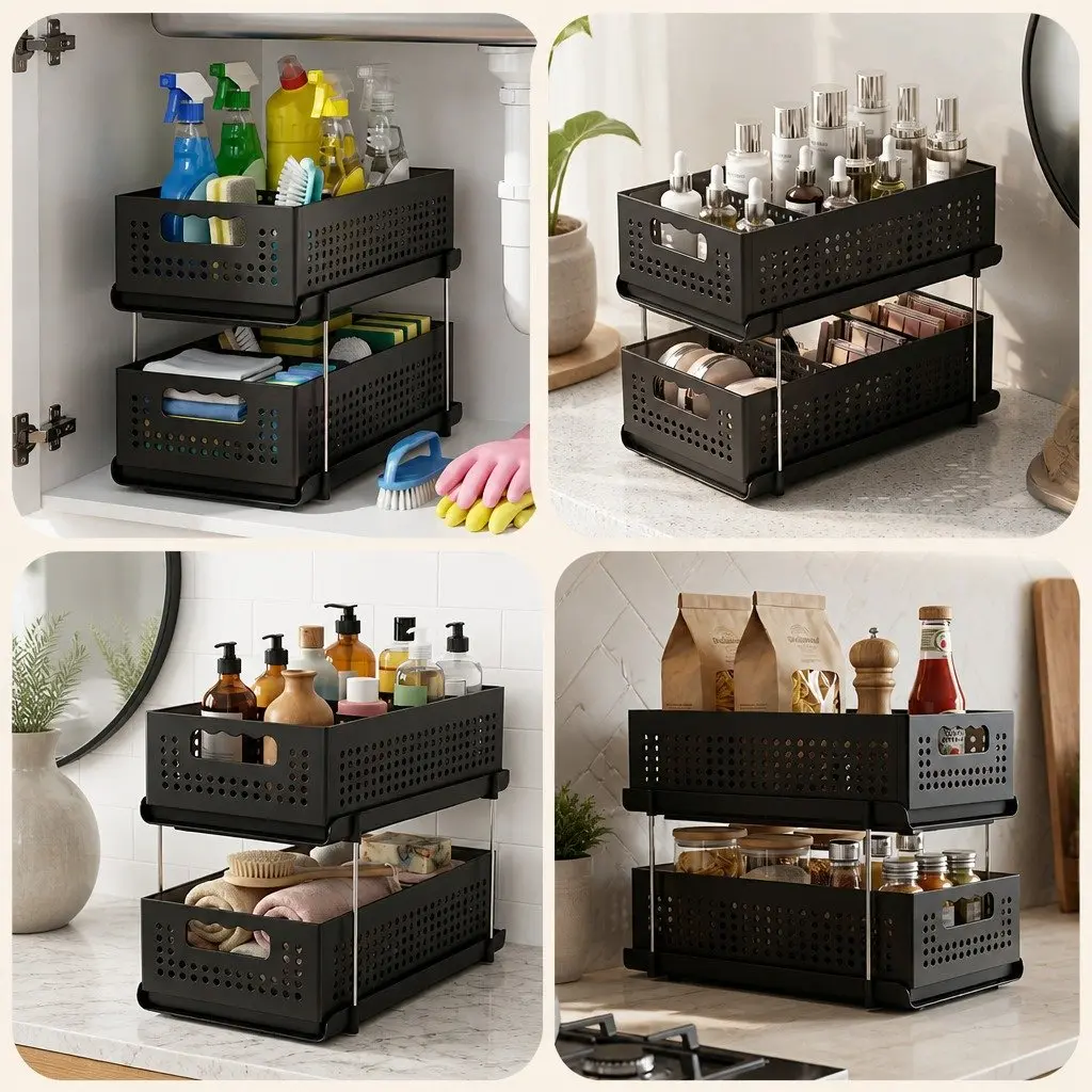 Under Sink Organizer Plastic 2 Tier 21cm Black