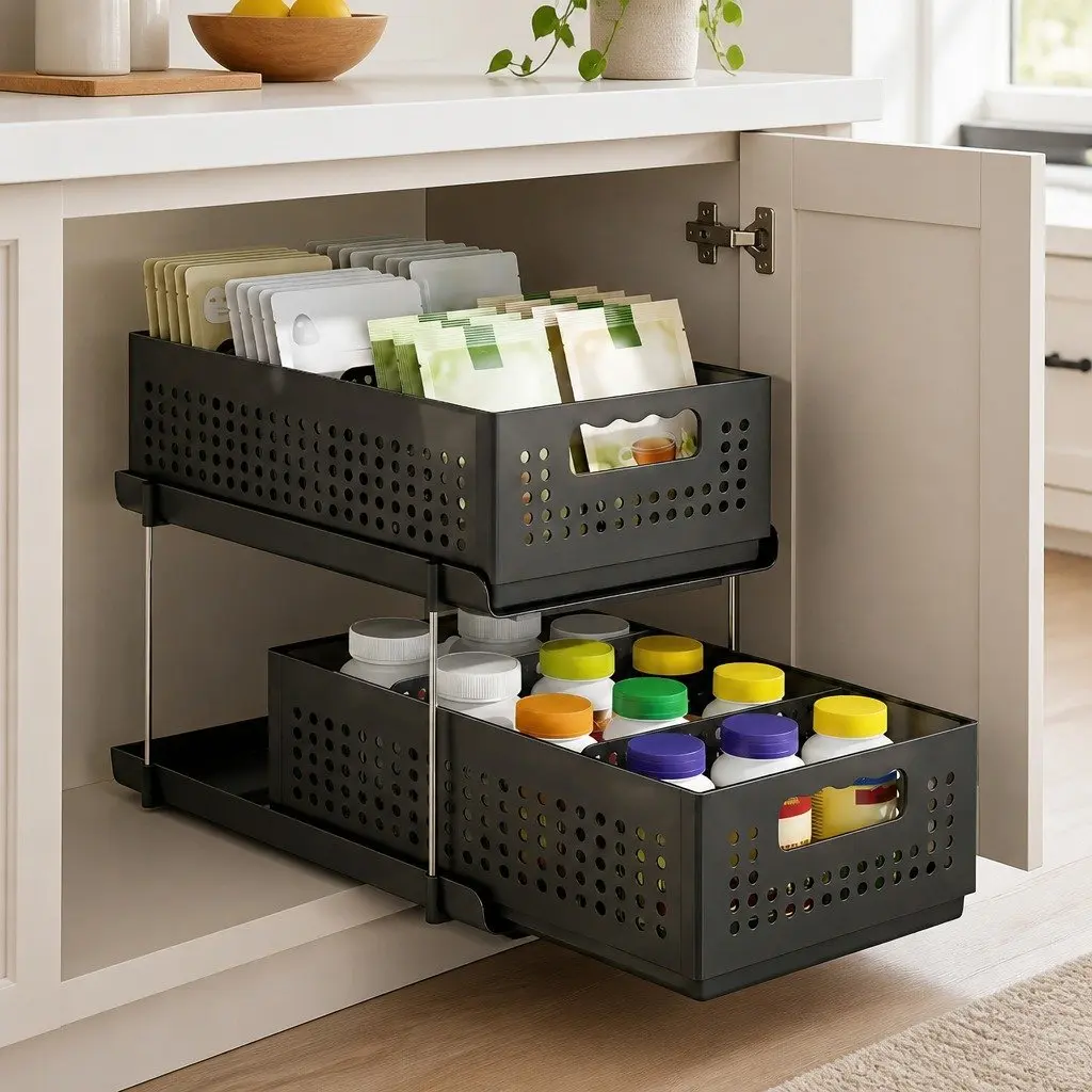 Under Sink Organizer Plastic 2 Tier 21cm Black