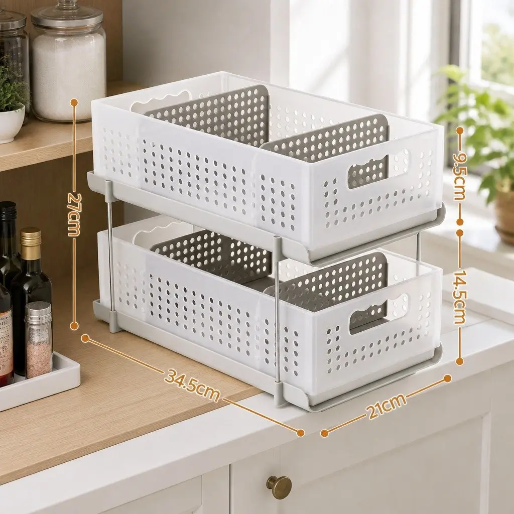 Under Sink Organizer Plastic 2 Tier 21cm Width White