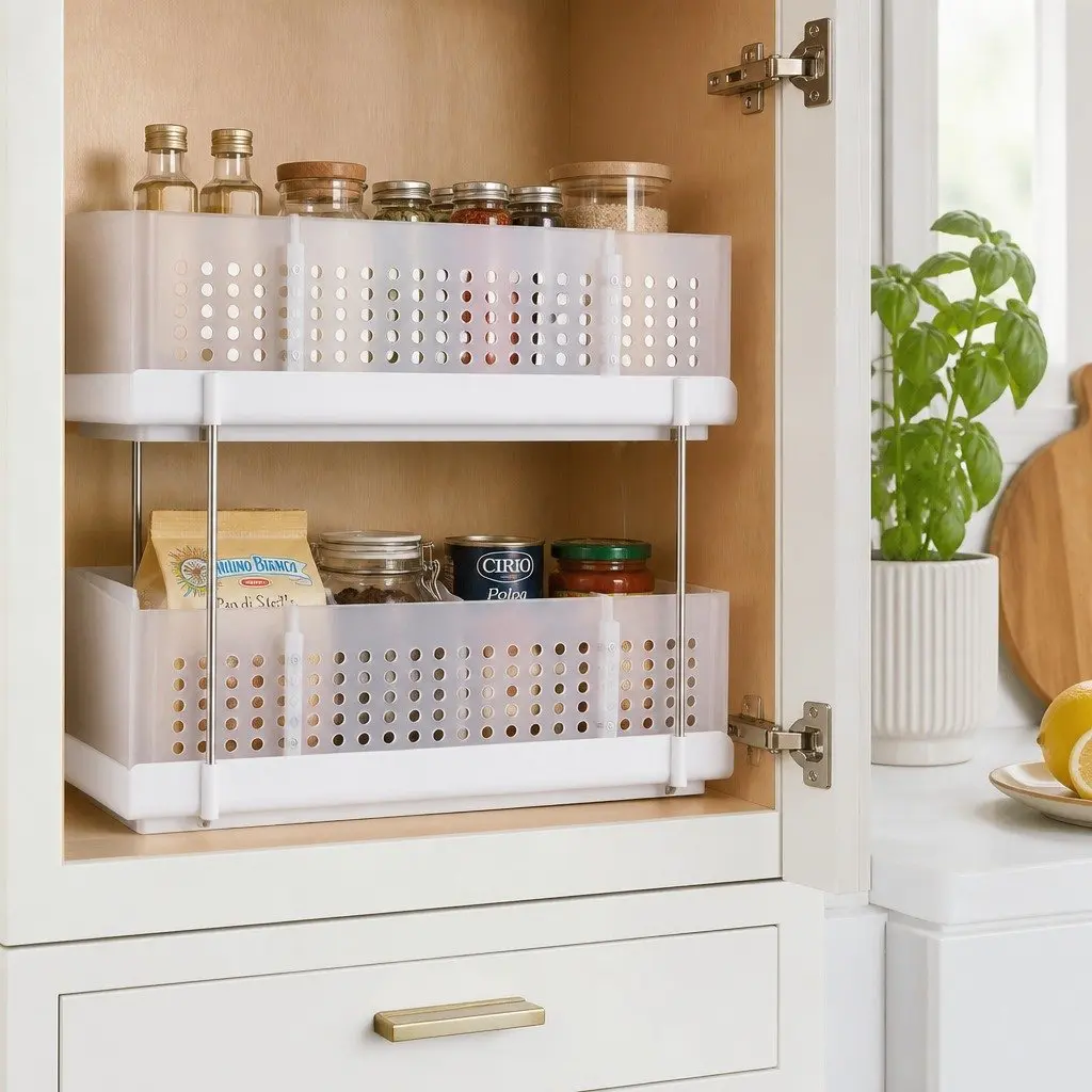 Under Sink Organizer Plastic 2 Tier 21cm Width White