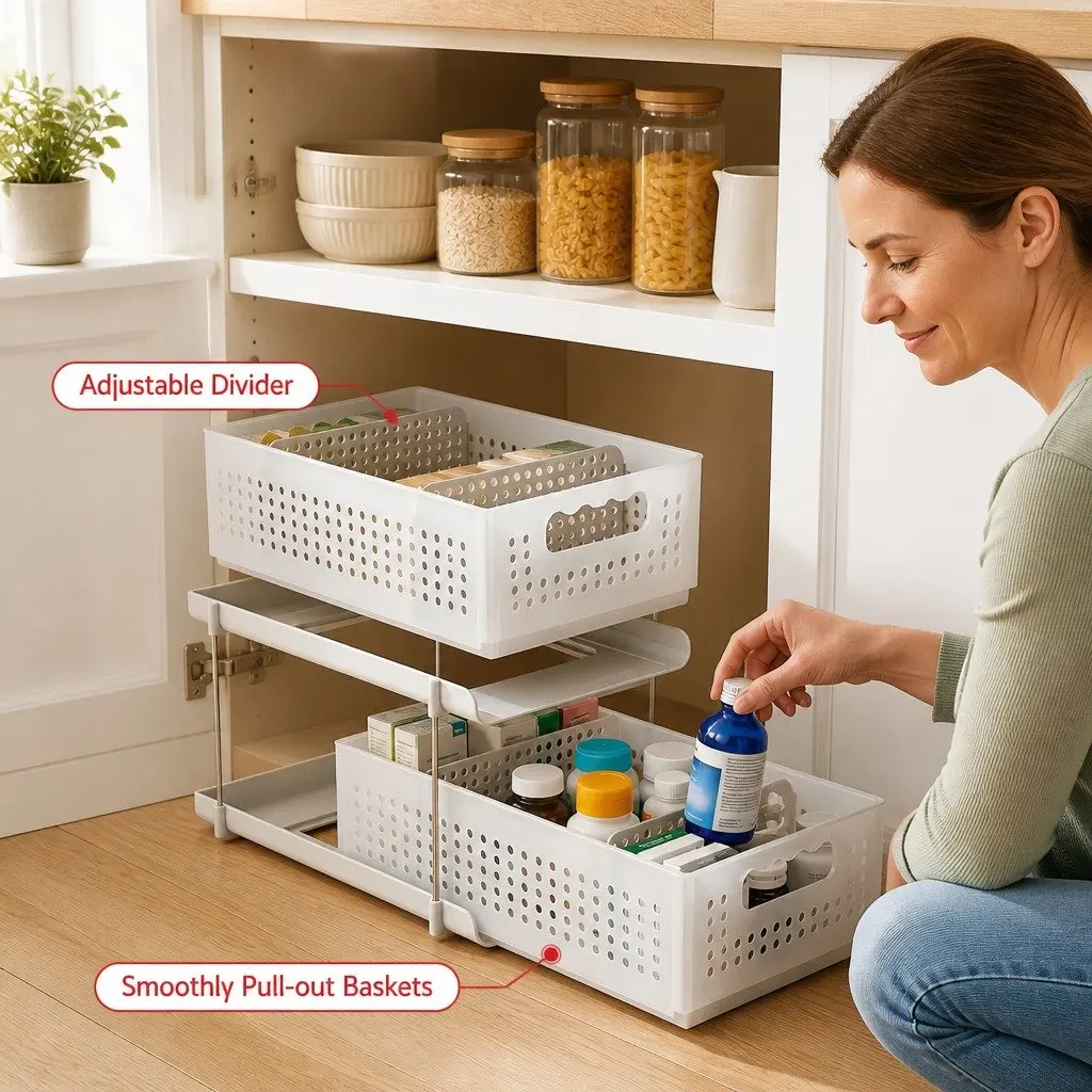 Under Sink Organizer Plastic 2 Tier 21cm Width White