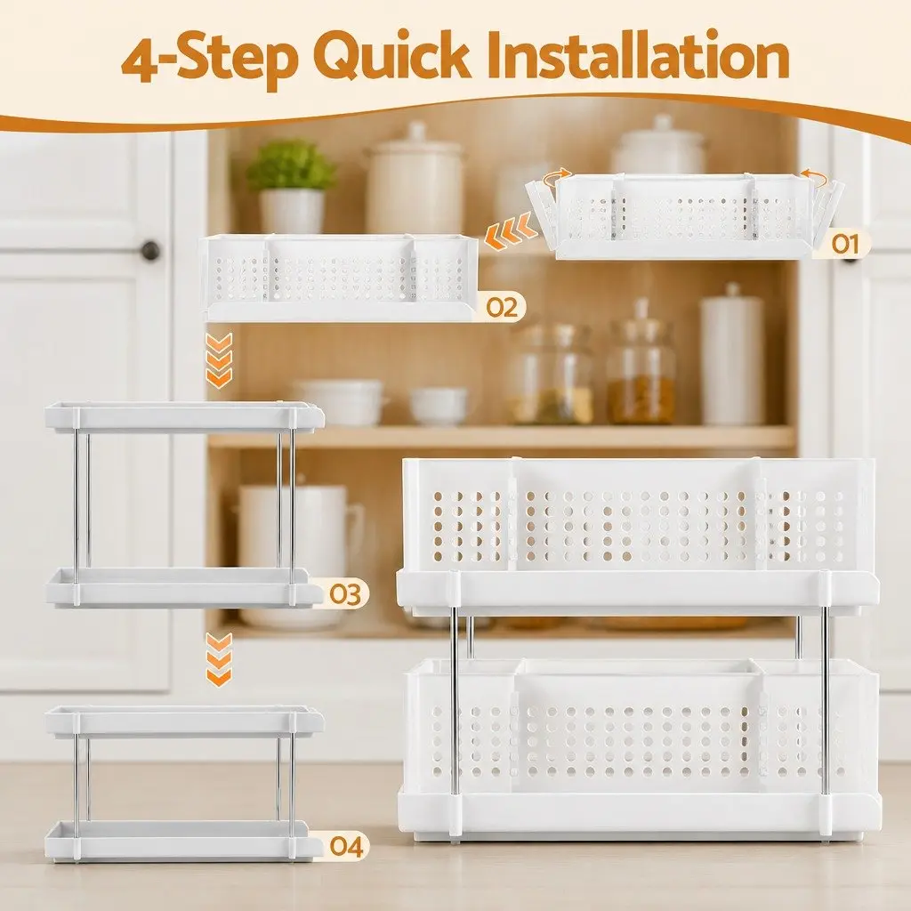 Under Sink Organizer Plastic 2 Tier 21cm Width White