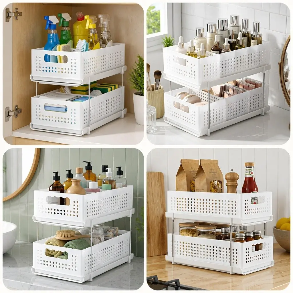 Under Sink Organizer Plastic 2 Tier 21cm Width White