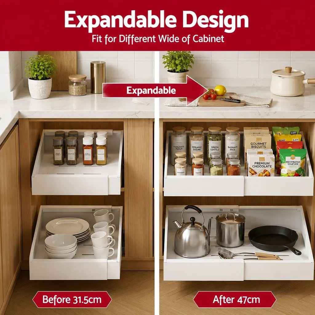 Pull Out Cabinet Drawers Steel Expandable Organizer 2 Pack White Modern Storage