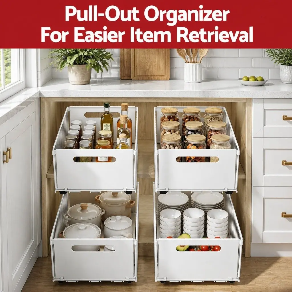 4 Pack Pull Out Drawers for Cabinets Foldable Slide Out Kitchen Organizer White