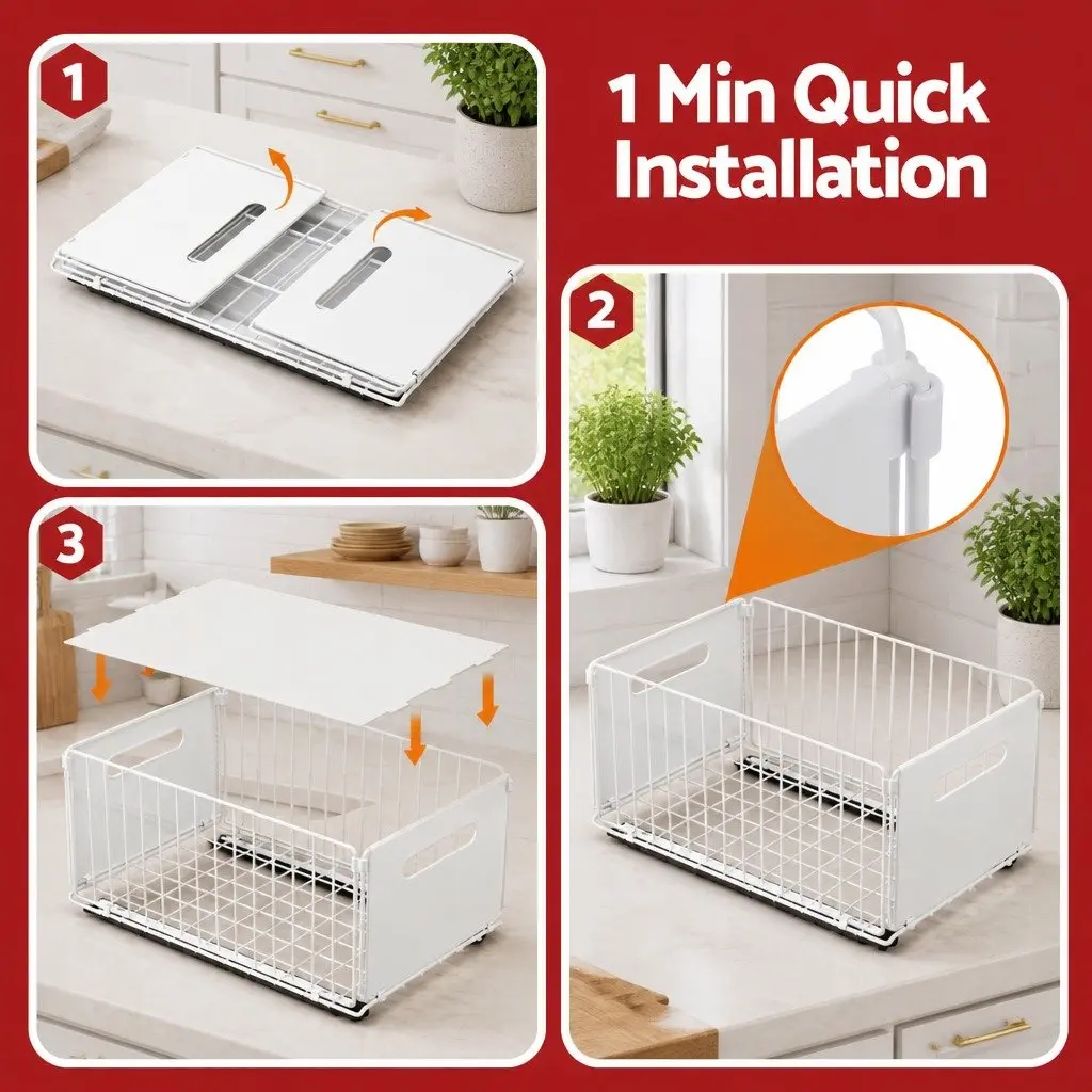 4 Pack Pull Out Drawers for Cabinets Foldable Slide Out Kitchen Organizer White