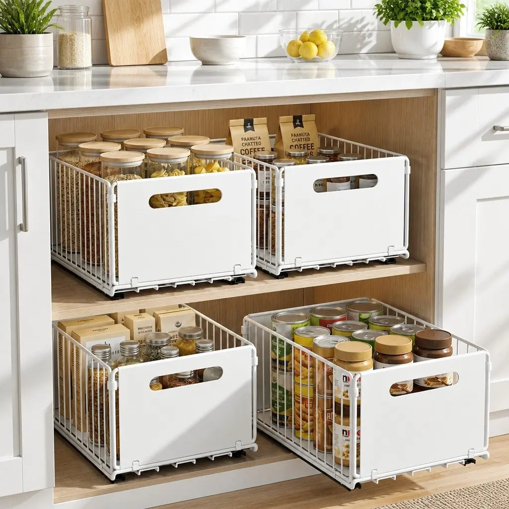 4 Pack Pull Out Drawers for Cabinets Foldable Slide Out Kitchen Organizer White