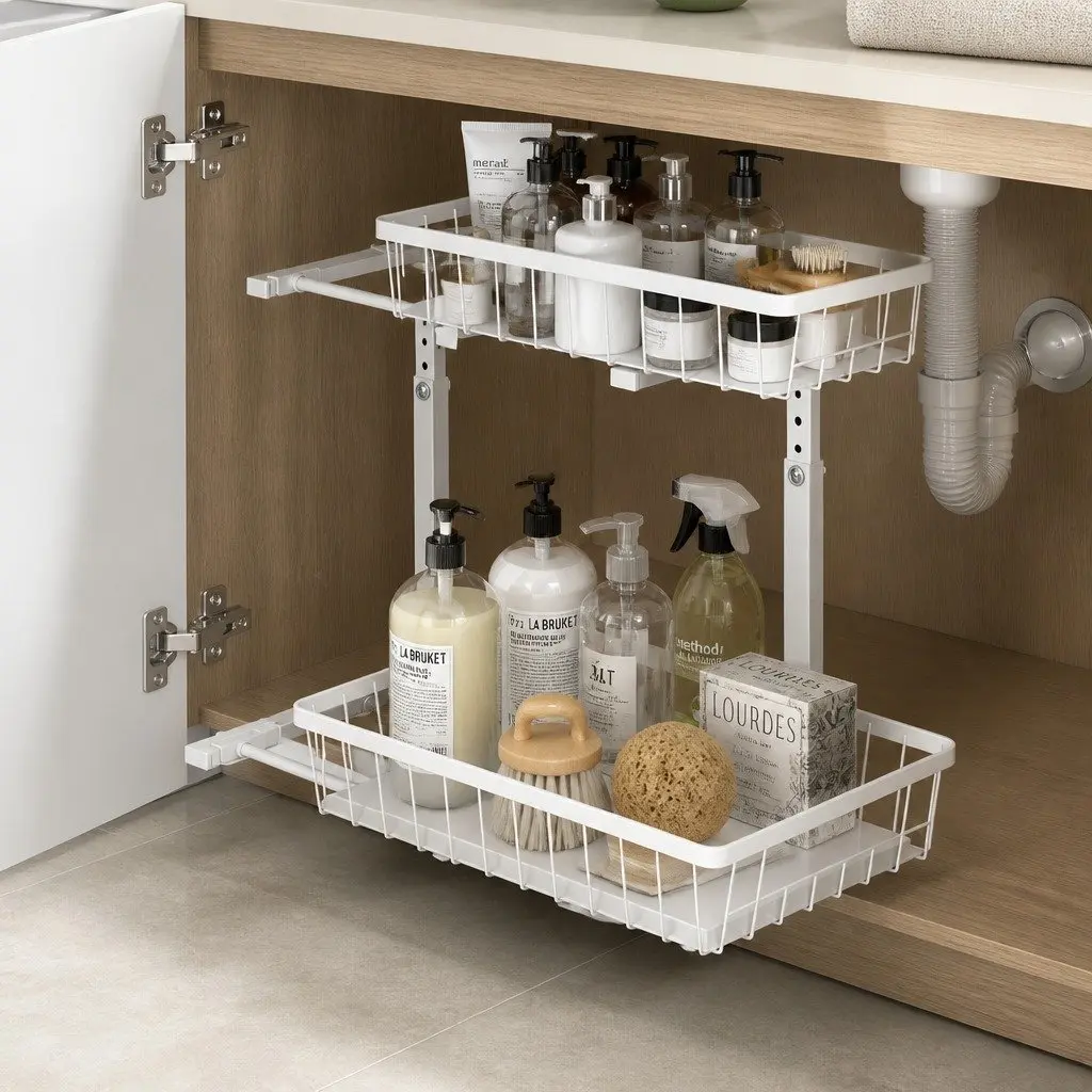 Under Sink Organizer Storage Cabinet with 2 Slide Out Drawers Adjustable Height