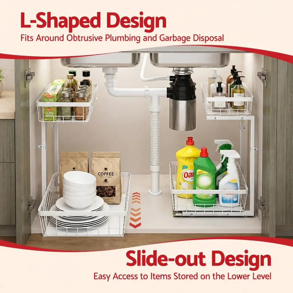 Under Sink Organizer Storage Cabinet with 2 Slide Out Drawers Adjustable Height