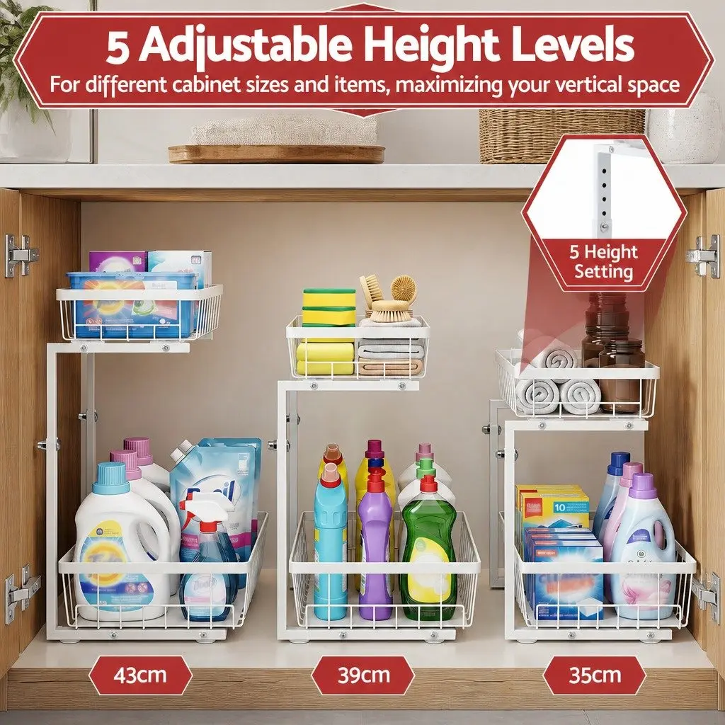 Under Sink Organizer Storage Cabinet with 2 Slide Out Drawers Adjustable Height