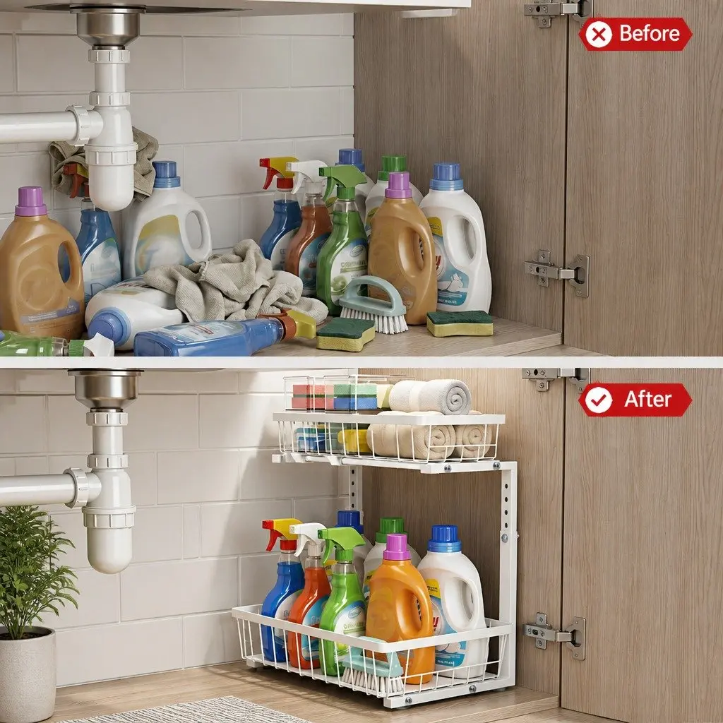 Under Sink Organizer Storage Cabinet with 2 Slide Out Drawers Adjustable Height