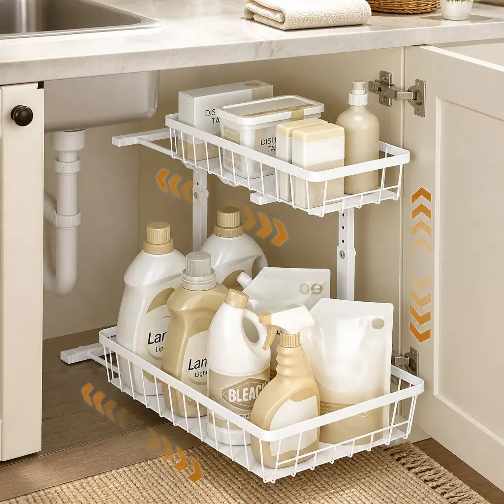 Under Sink Organizer Storage Cabinet with 2 Slide Out Drawers Adjustable Height