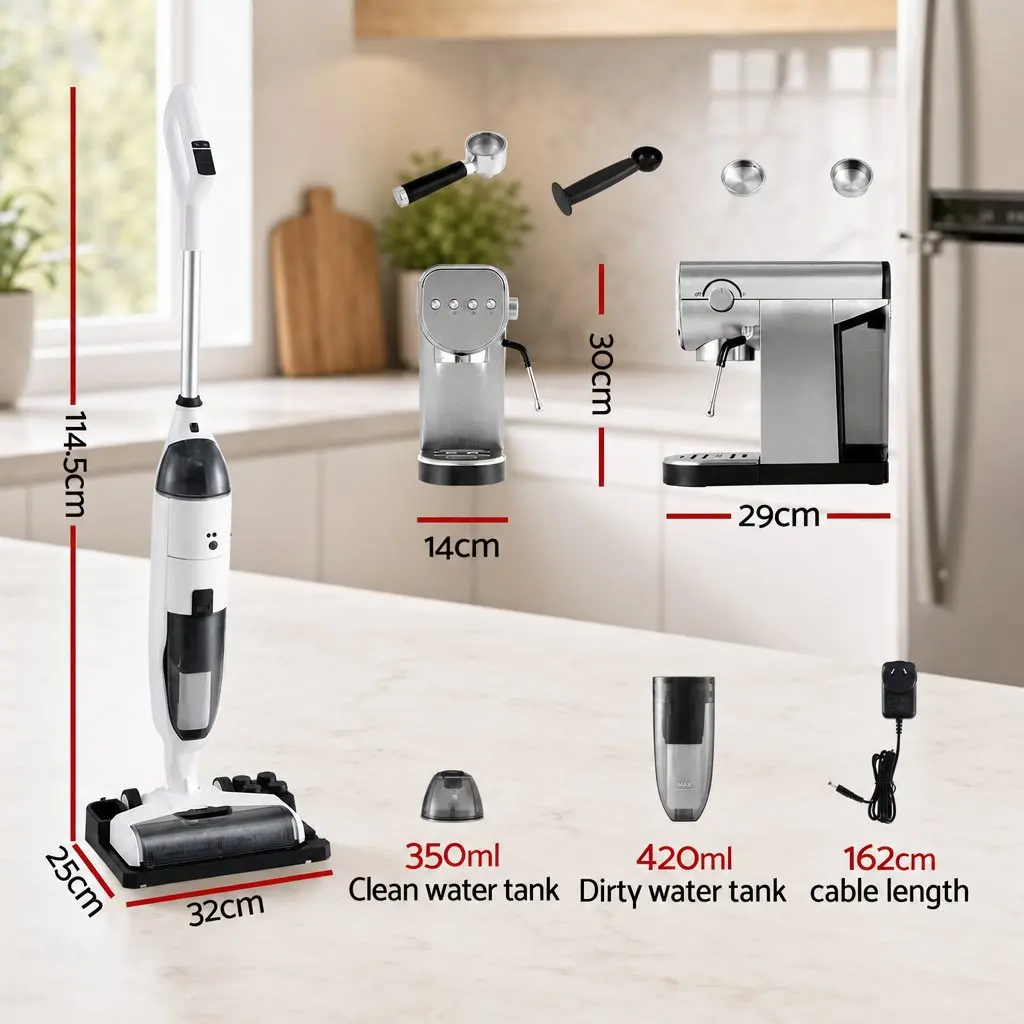 Cordless Wet Dry Vacuum Mop and Espresso Coffee Machine Combo Bundle