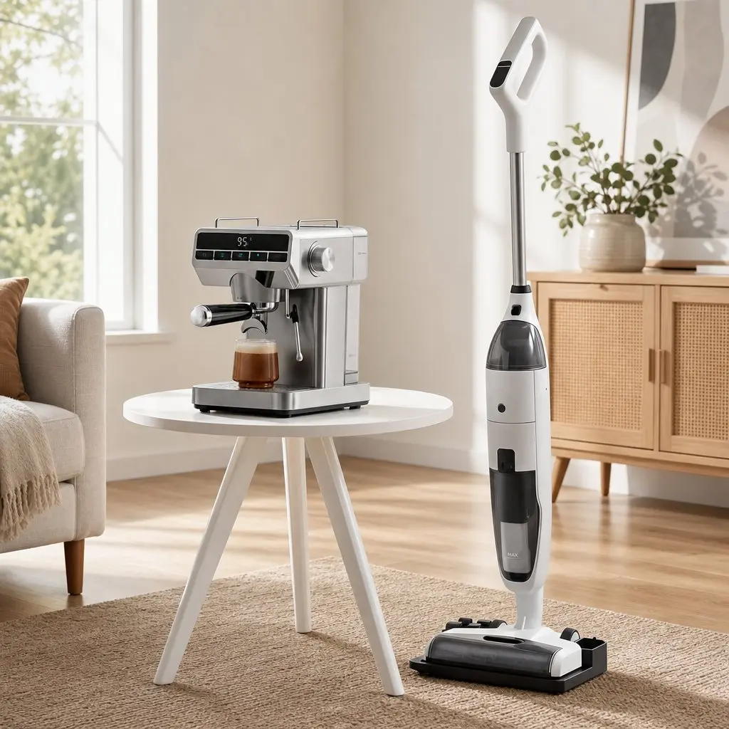 Cordless Vacuum Mop and Espresso Machine Combo White Silver 2 Piece Automatic Self Cleaning