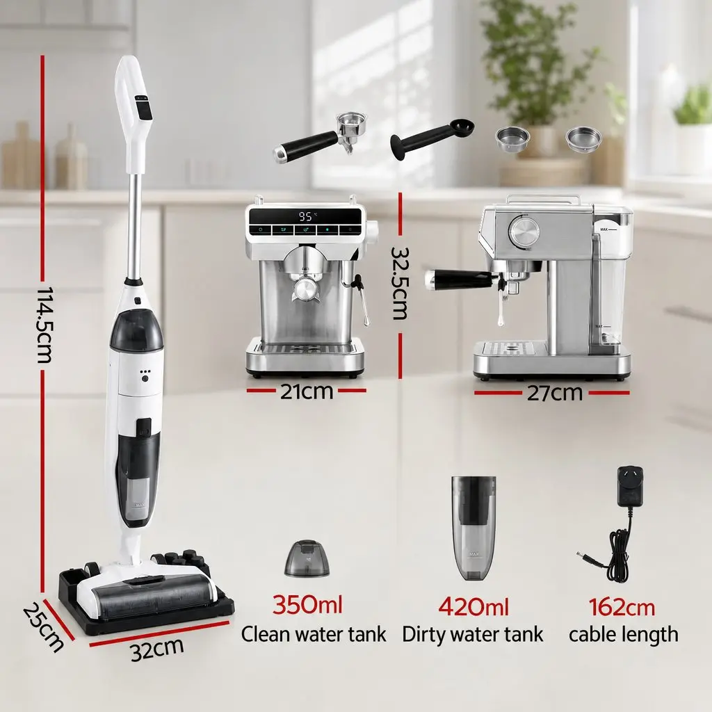 Cordless Vacuum Mop and Espresso Machine Combo White Silver 2 Piece Automatic Self Cleaning