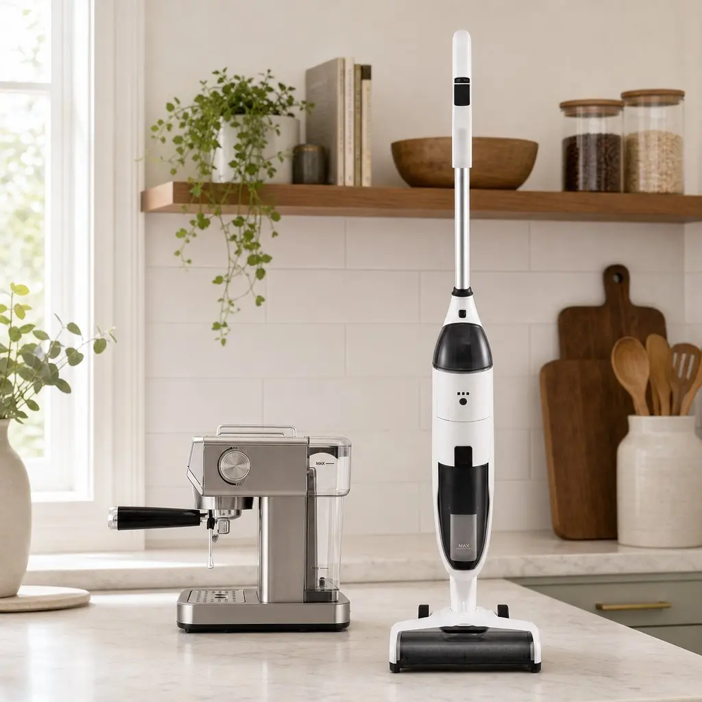 Cordless Vacuum Mop and Espresso Machine Combo White Silver 2 Piece Automatic Self Cleaning