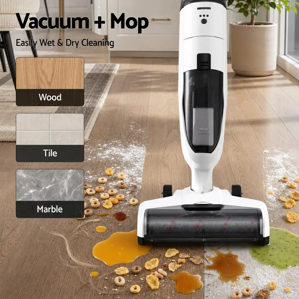 Cordless Vacuum Mop and Espresso Machine Combo White Silver 2 Piece Automatic Self Cleaning