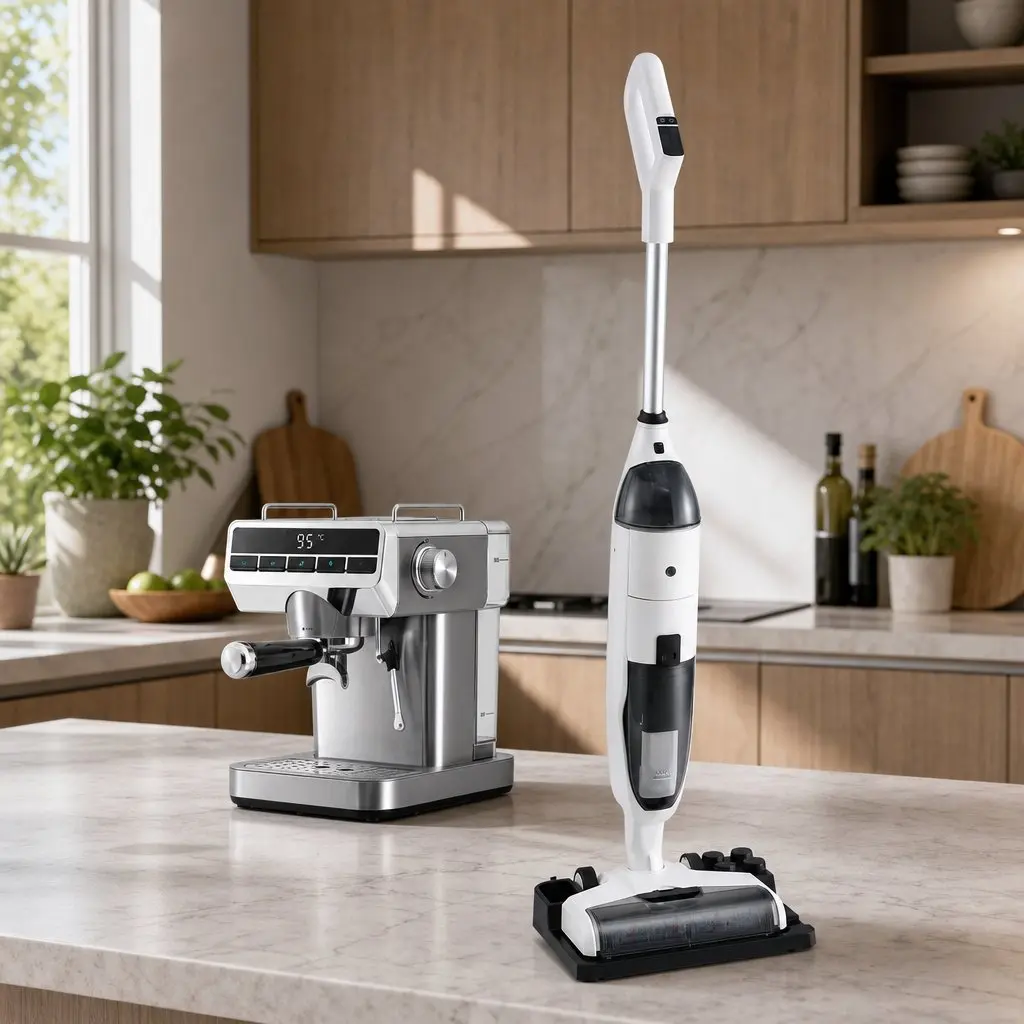 Cordless Vacuum Mop and Espresso Machine Combo White Silver 2 Piece Automatic Self Cleaning