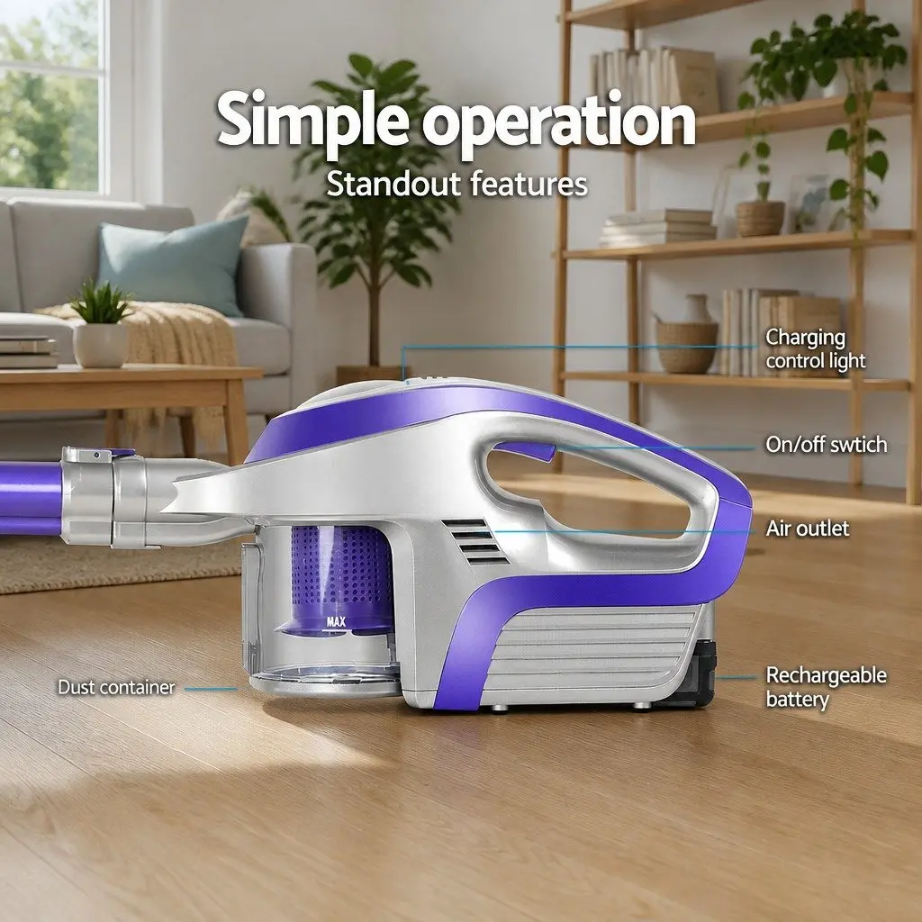 Stick Vacuum Cleaner Bagless Cordless 150W Handheld Lightweight 62cm Purple Grey