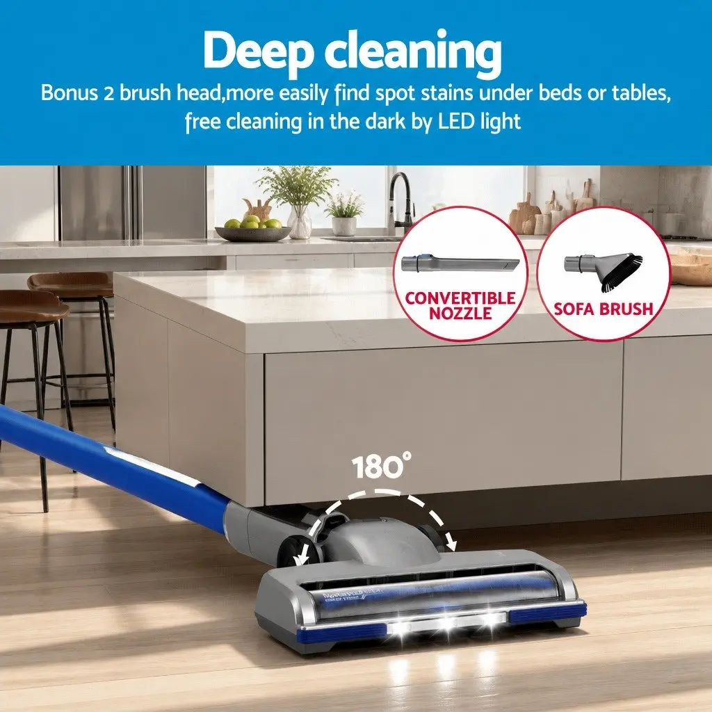 Cordless Stick Vacuum Cleaner Brushless Motor 300W Lightweight Self-Standing Navy Blue
