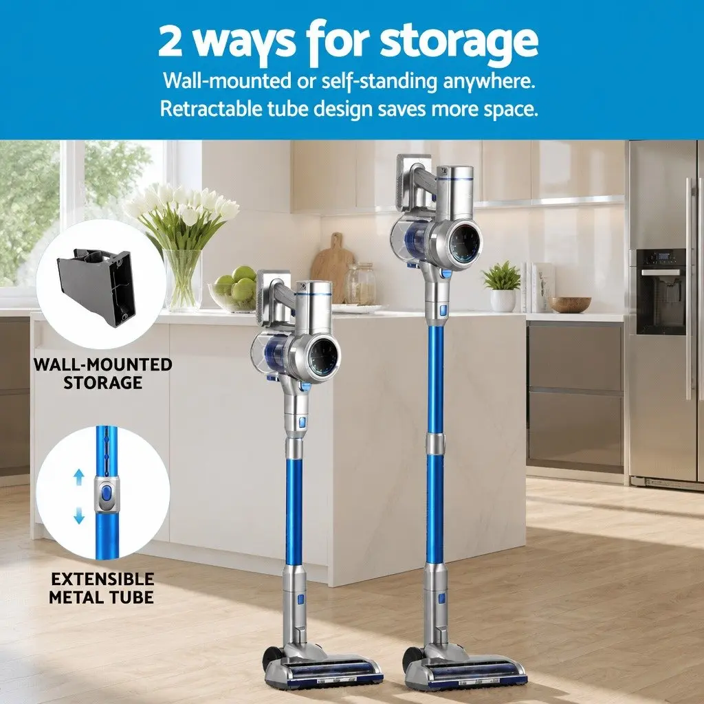 Cordless Stick Vacuum Cleaner Brushless Motor 300W Lightweight Self-Standing Navy Blue