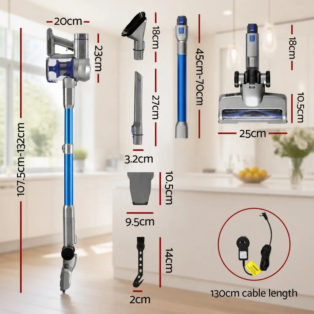 Cordless Stick Vacuum Cleaner Brushless Motor 300W Lightweight Self-Standing Navy Blue