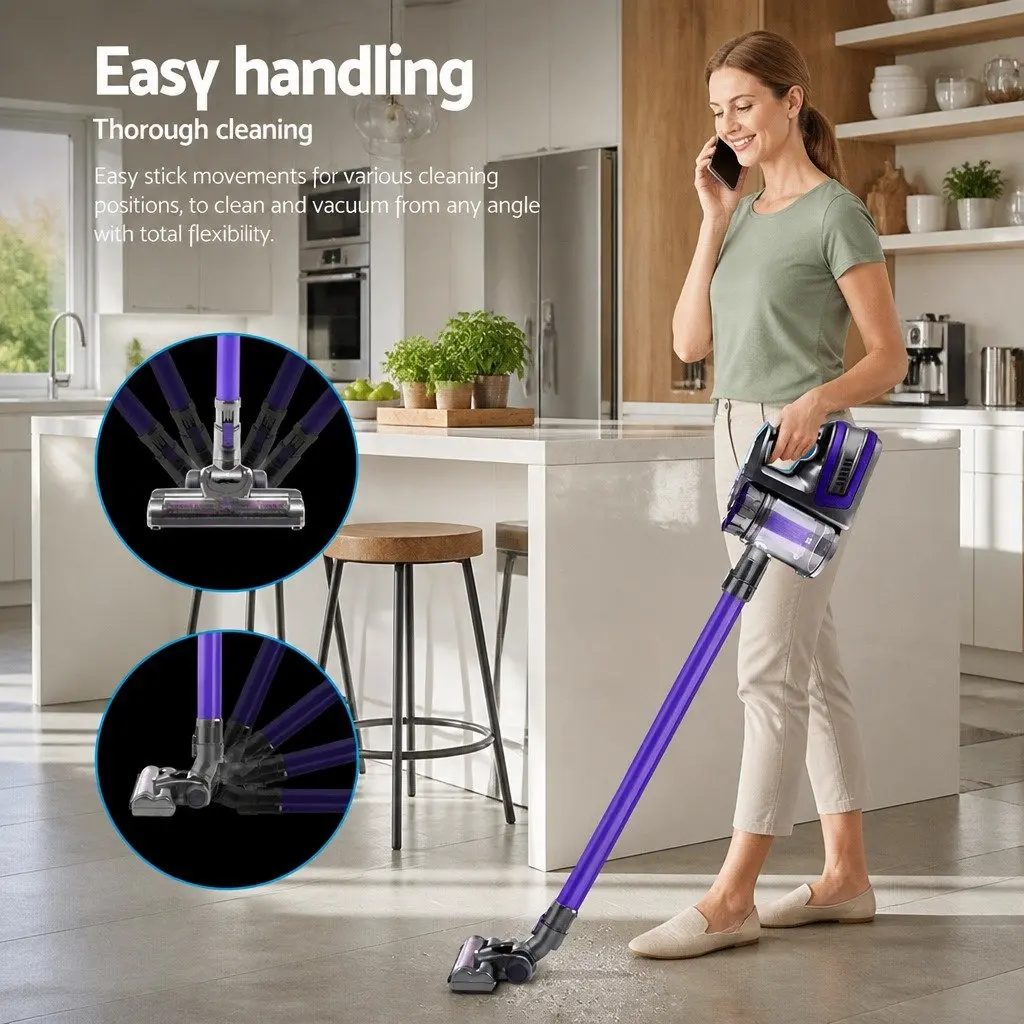 Stick Vacuum Cleaner Cordless Handheld Motorised Roller Brush Lightweight 150W Purple Grey