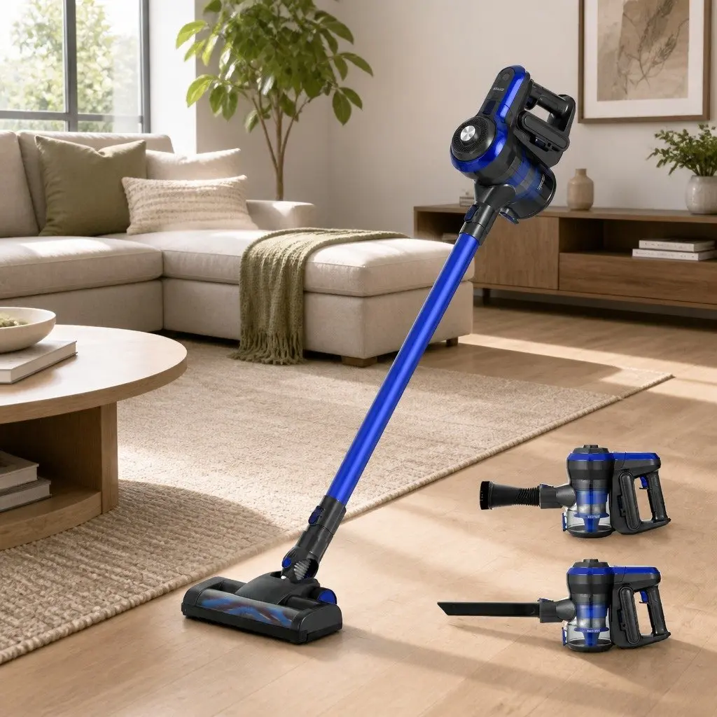 Stick Vacuum Cleaner Cordless Brushless 250W HEPA Filter 0.5L Bagless Blue