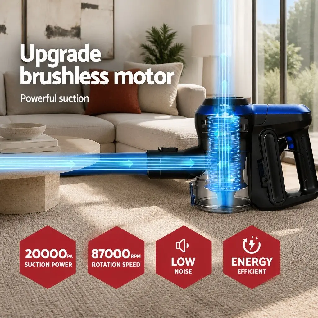 Stick Vacuum Cleaner Cordless Brushless 250W HEPA Filter 0.5L Bagless Blue