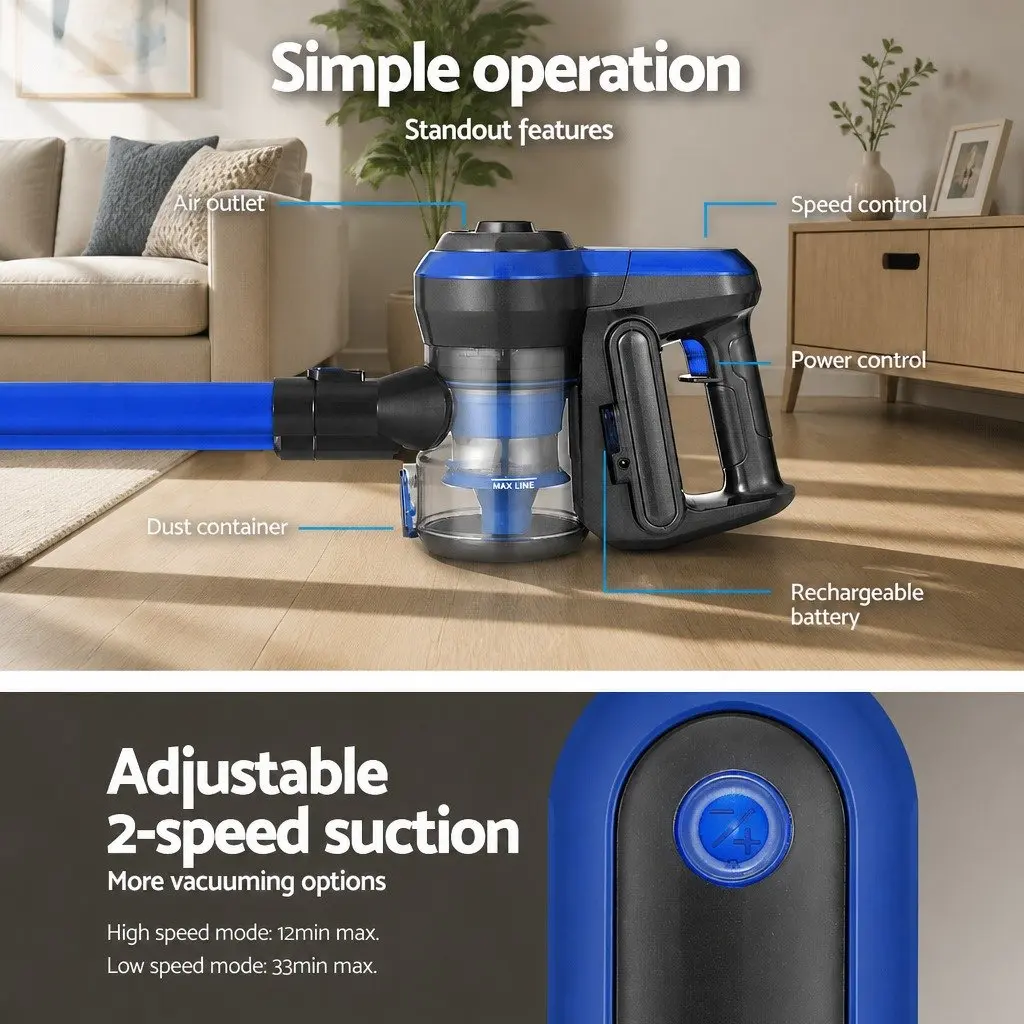 Stick Vacuum Cleaner Cordless Brushless 250W HEPA Filter 0.5L Bagless Blue