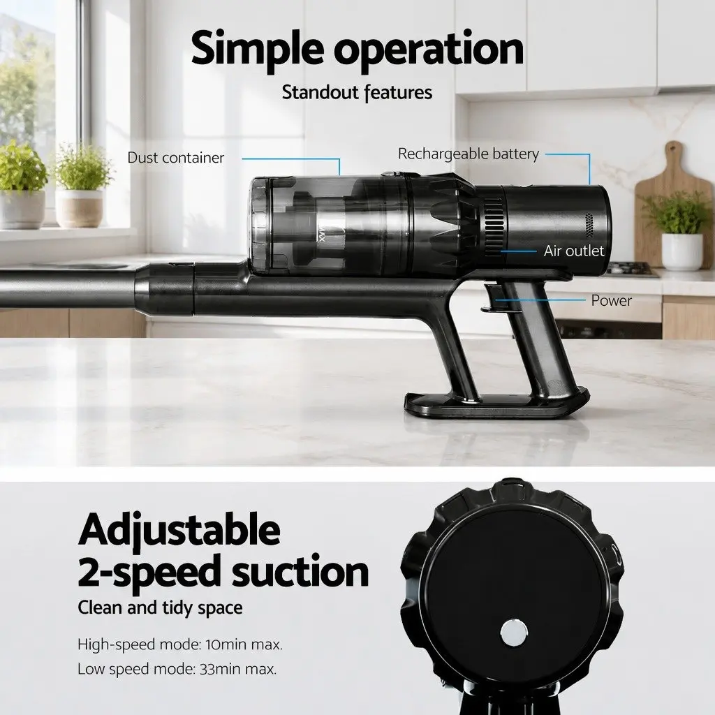 Cordless Stick Vacuum Cleaner Lightweight Grey Hard Floor Cleaning Brushless Motor 350W
