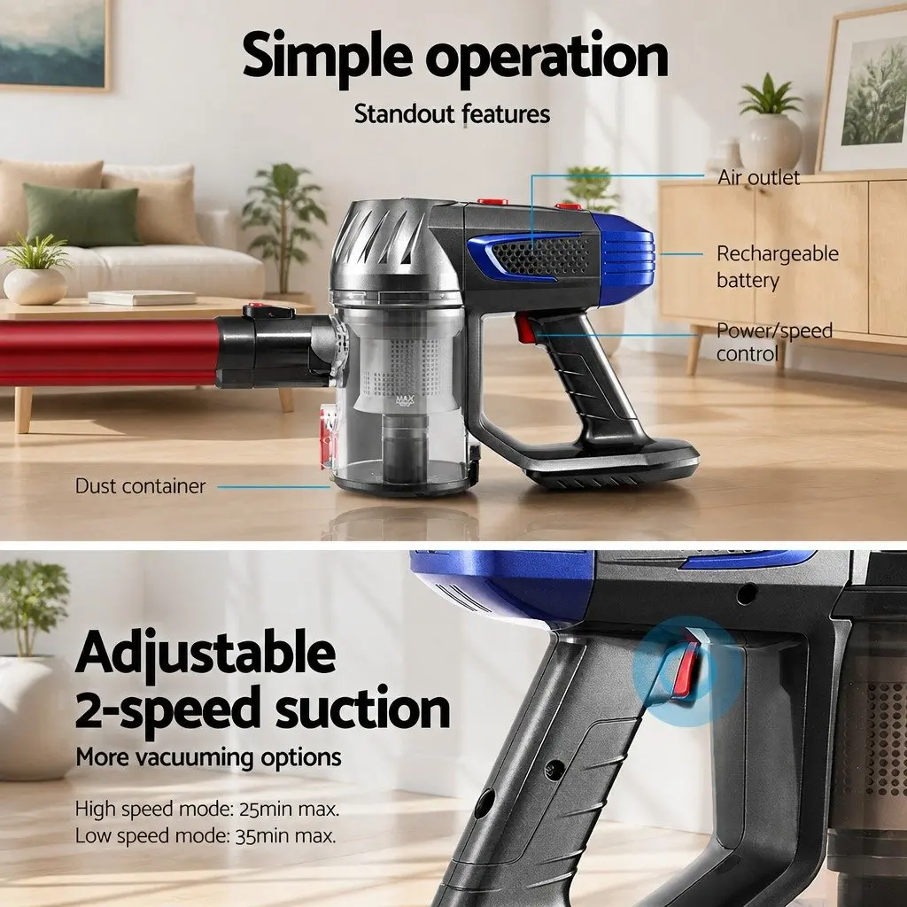 Cordless Handheld Vacuum Cleaner Rotatable Head Adjustable Suction Power Red