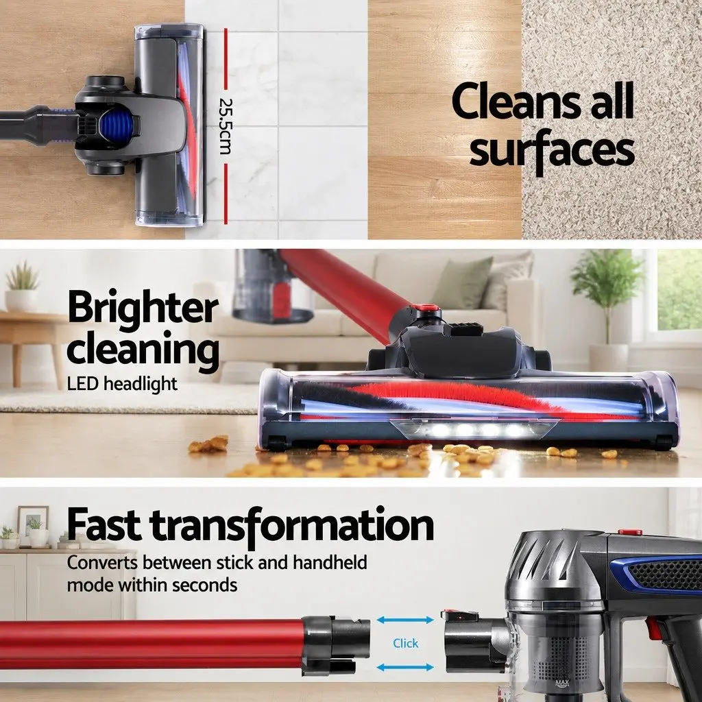 Cordless Handheld Vacuum Cleaner Rotatable Head Adjustable Suction Power Red