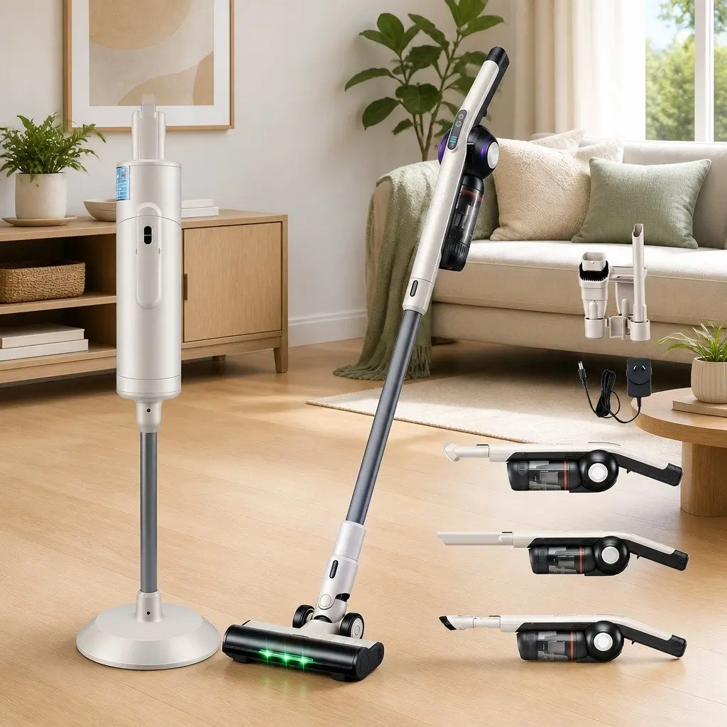 Cordless Vacuum Cleaner Motorized LED Brush Head Auto-Empty Dust Station Brown Lightweight 18kPa Suction