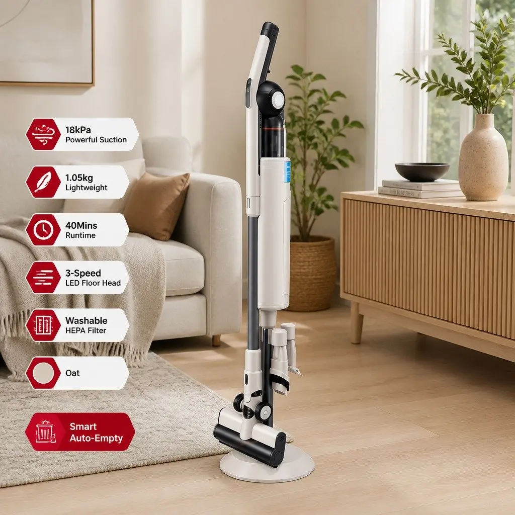 Cordless Vacuum Cleaner Motorized LED Brush Head Auto-Empty Dust Station Brown Lightweight 18kPa Suction
