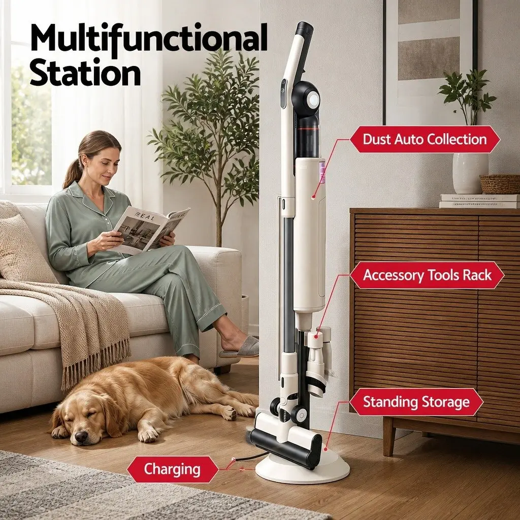 Cordless Vacuum Cleaner Motorized LED Brush Head Auto-Empty Dust Station Brown Lightweight 18kPa Suction