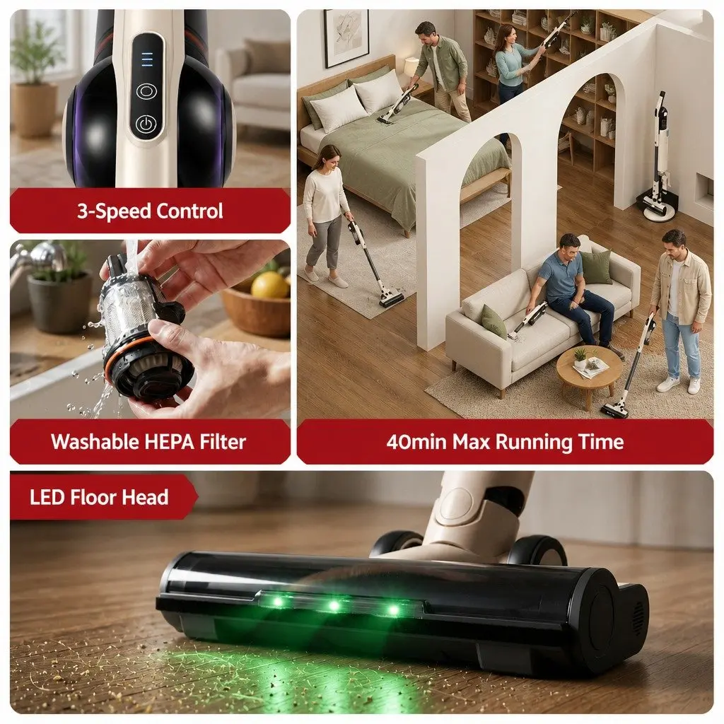 Cordless Vacuum Cleaner Motorized LED Brush Head Auto-Empty Dust Station Brown Lightweight 18kPa Suction