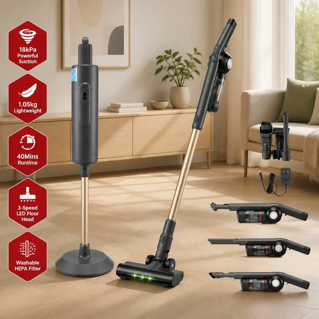 Cordless Stick Vacuum Cleaner with Auto-Empty Dust Station Grey 40 Minutes Runtime HEPA Filter LED Brush Head