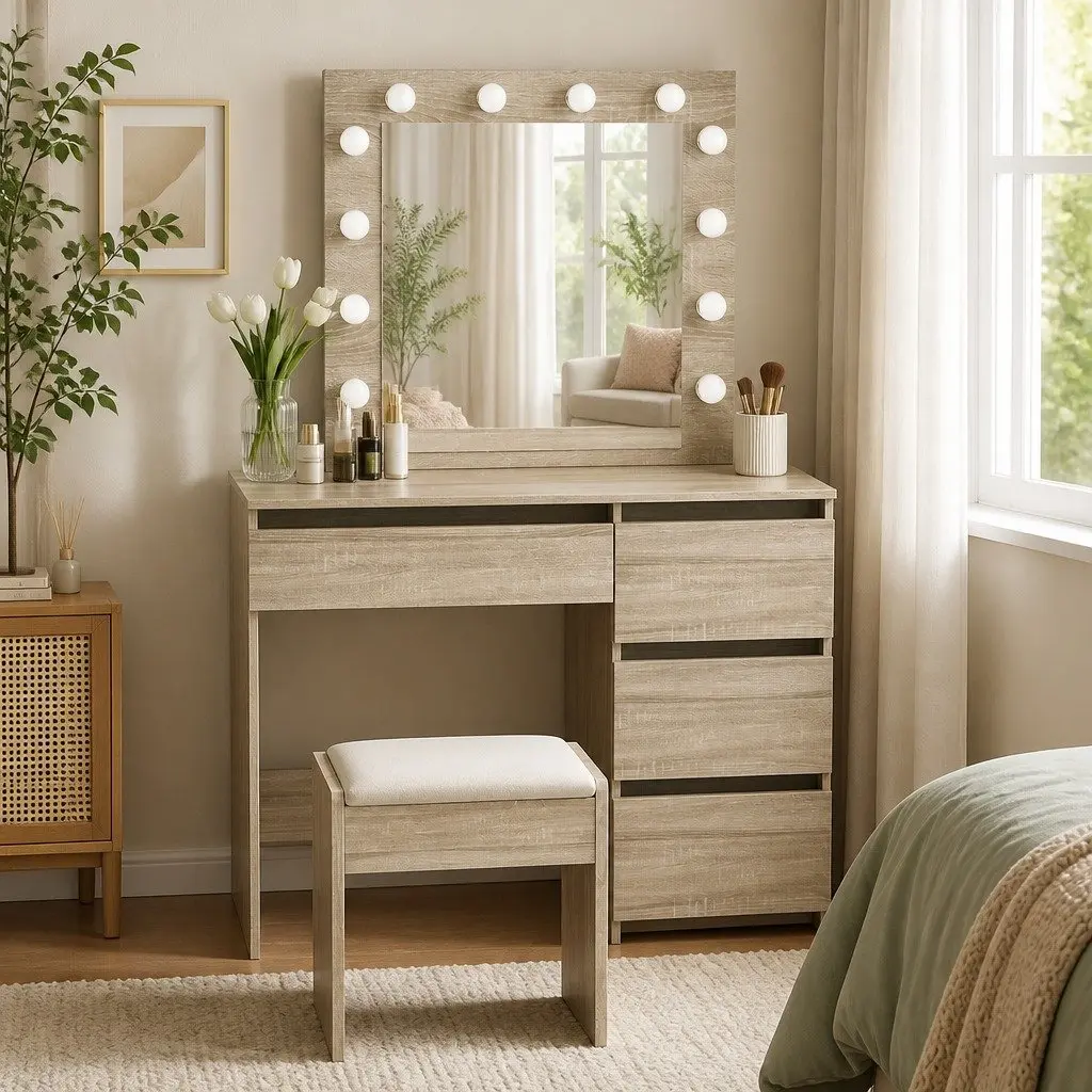 Dressing Table Vanity Set MDF Oak 3-Color LED Mirror Stool Makeup Bedroom Furniture