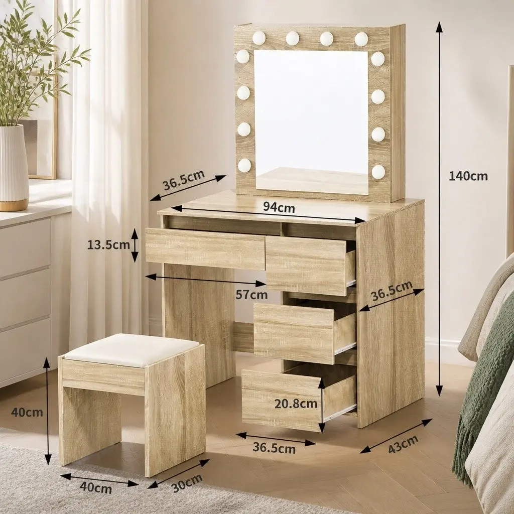 Dressing Table Vanity Set MDF Oak 3-Color LED Mirror Stool Makeup Bedroom Furniture