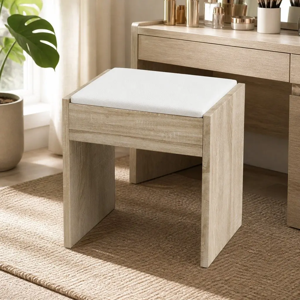 Dressing Table Vanity Set MDF Oak 3-Color LED Mirror Stool Makeup Bedroom Furniture