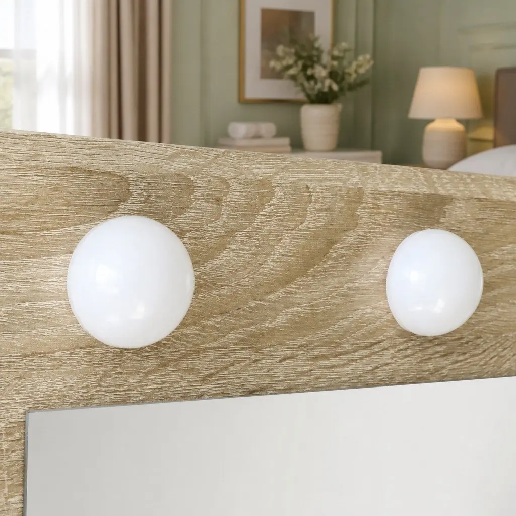Dressing Table Vanity Set MDF Oak 3-Color LED Mirror Stool Makeup Bedroom Furniture