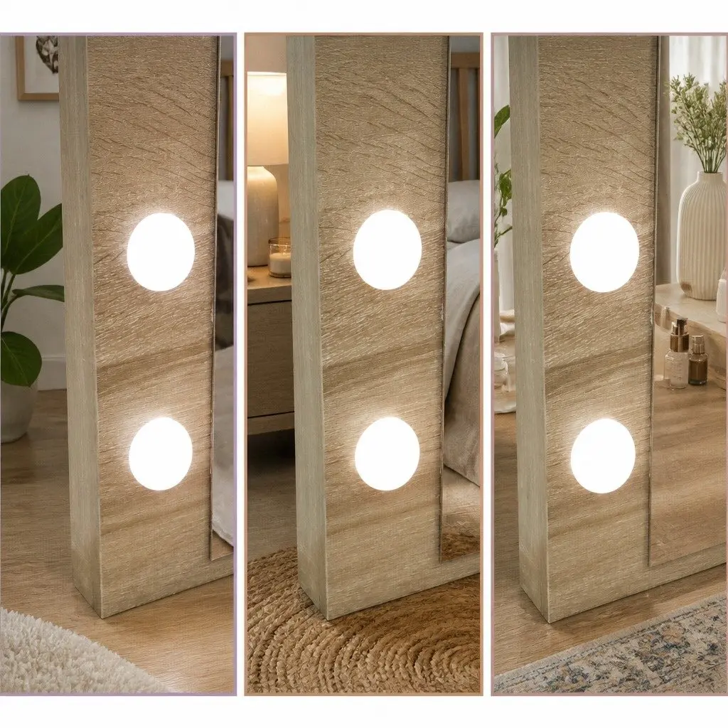 Dressing Table Vanity Set MDF Oak 3-Color LED Mirror Stool Makeup Bedroom Furniture
