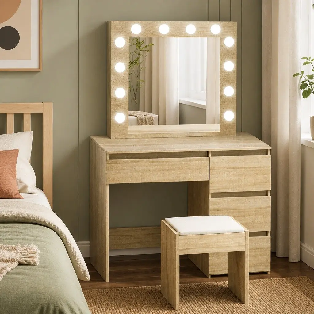 Dressing Table Vanity Set MDF Oak 3-Color LED Mirror Stool Makeup Bedroom Furniture
