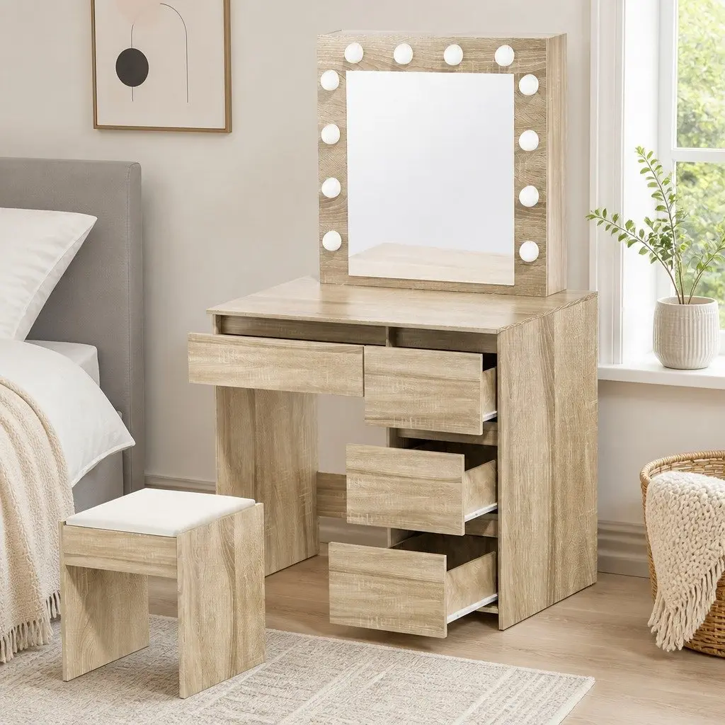 Dressing Table Vanity Set MDF Oak 3-Color LED Mirror Stool Makeup Bedroom Furniture