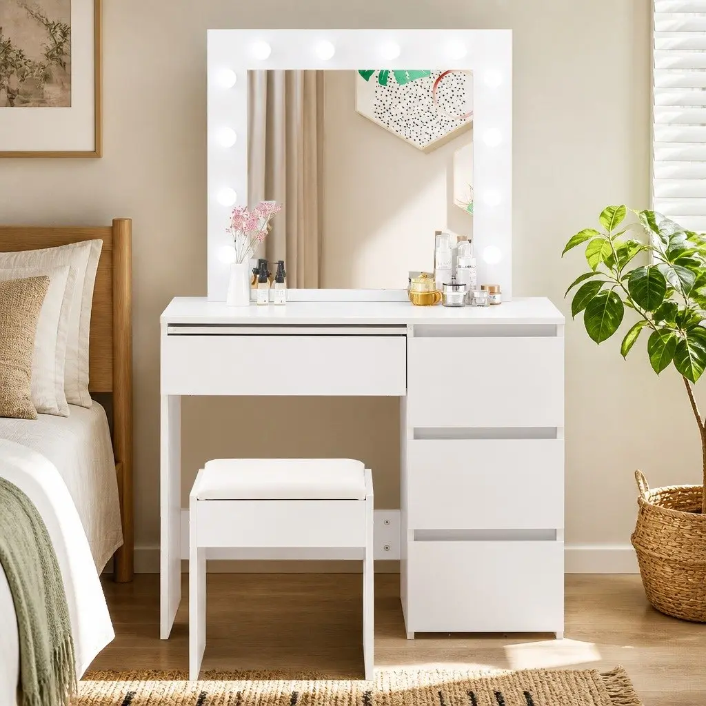 Dressing Table Vanity Set MDF and Particleboard White with LED Mirror and Padded Stool