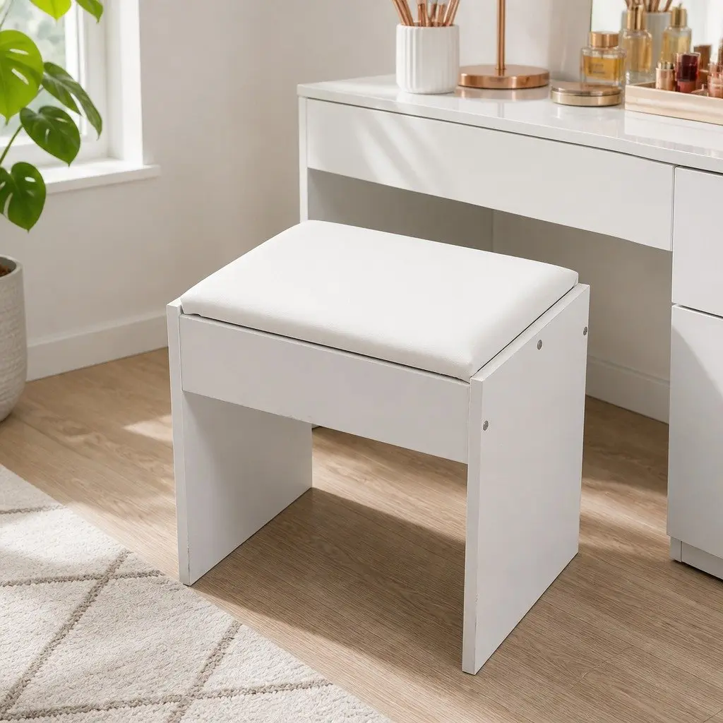 Dressing Table Vanity Set MDF and Particleboard White with LED Mirror and Padded Stool