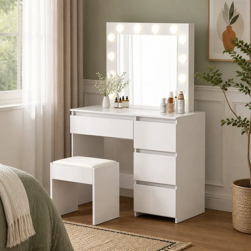 Dressing Table Vanity Set MDF and Particleboard White with LED Mirror and Padded Stool