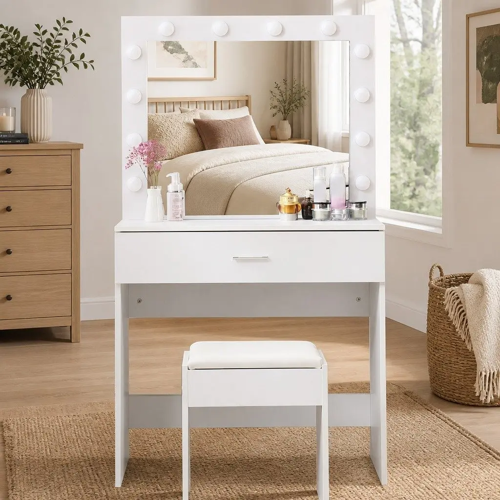 Dressing Table Set MDF Board LED Mirror White Makeup Vanity Stool Storage Drawers
