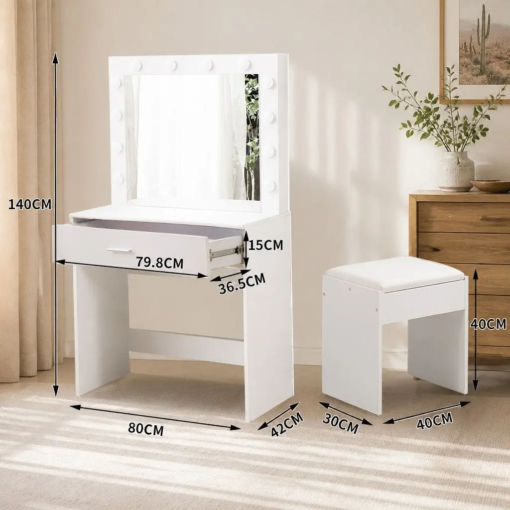 Dressing Table Set MDF Board LED Mirror White Makeup Vanity Stool Storage Drawers